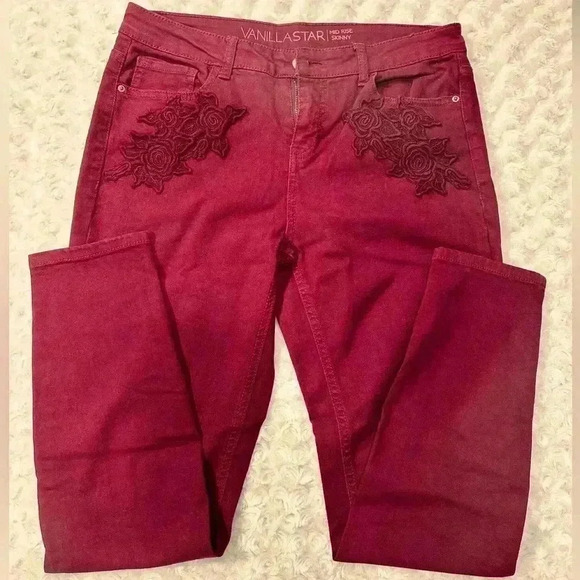 Vanilla Star Juniors Mid Rise Skinny Burgundy Jeans - Picture 1 of 11